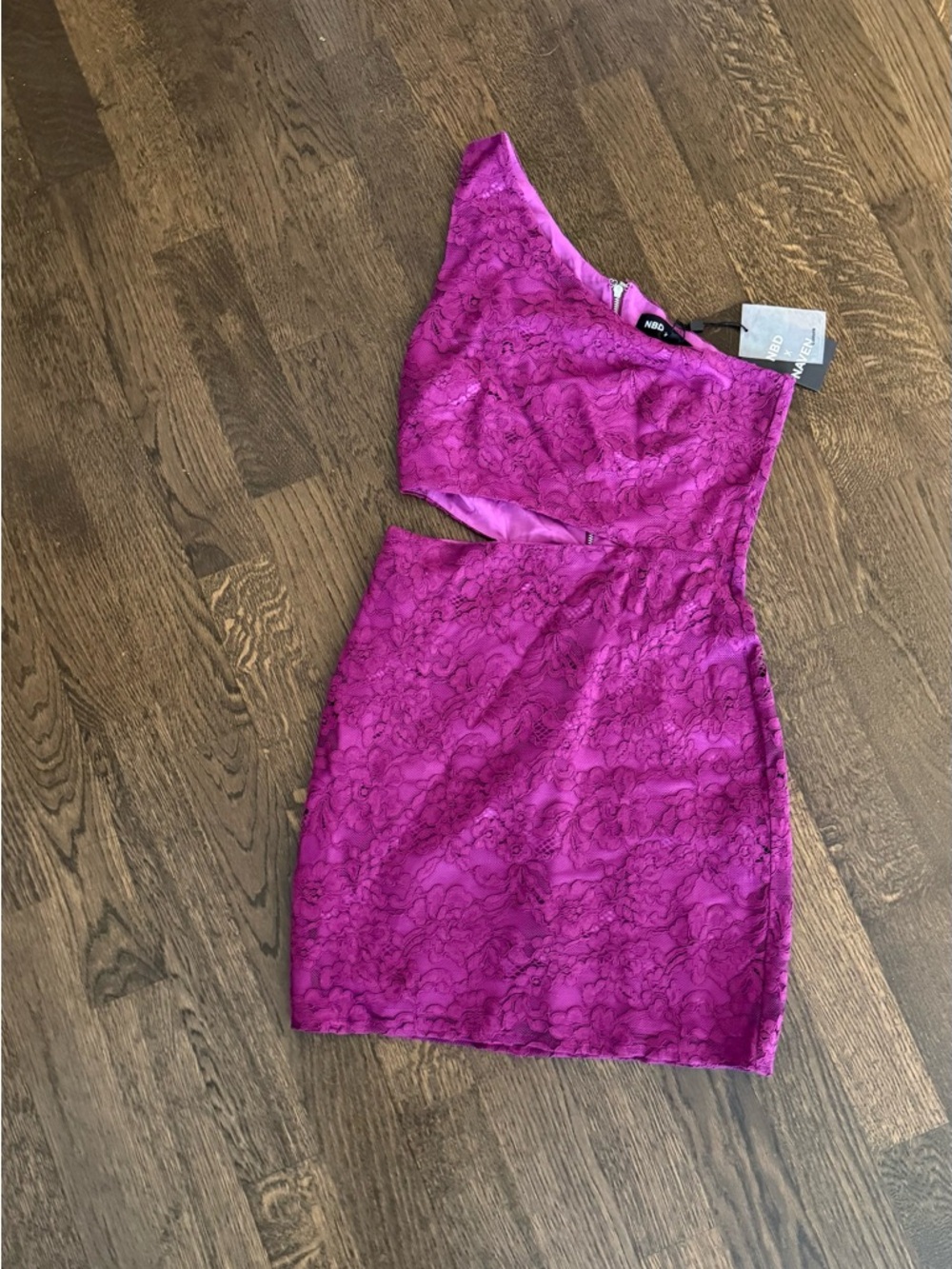 NBD Hot Pink One-Shoulder Lace Mini Dress with Cutout